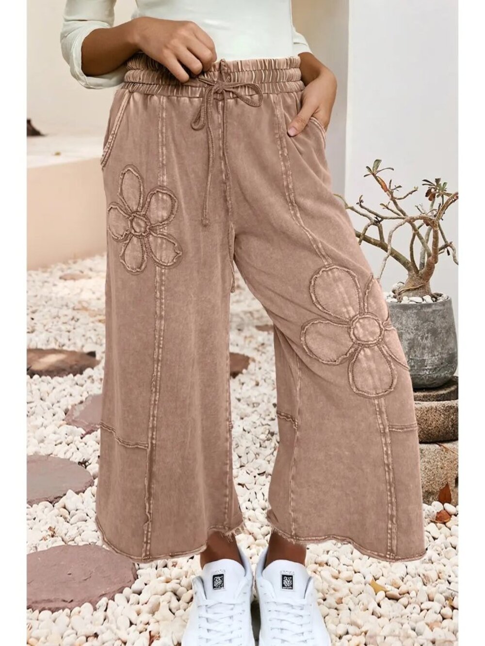 Floral Patchwork Mineral Washed Terry Knit Cropped Pants